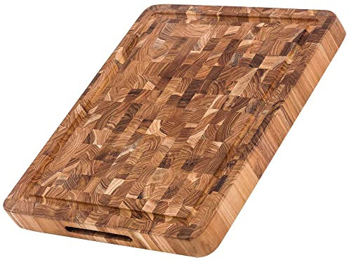 Teakhaus Butcher Block Schneidebrett Holz mit Saftrille M | 42 x 30.5 x 3,8 cm | FSC zertifiziertes, robustes Stirnholz Schneidebrett | Dickes Teak-Holzbrett Küche für glatte saubere Schnitte