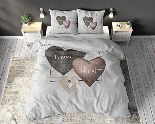 Sleeptime Bettwäsche 100% Baumwolle Liebesherzen, 200 x 200cm, + 80 x 80cm, Grau