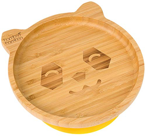 Plato de Bambú para Bebés con Sistema de Succión - Plato con Sistema de Succión para Niños, Plato de Bambú No Tóxico y Natural que Se Mantiene Frío al Tacto para el Baby-Led Weaning (Panda) Amarillo