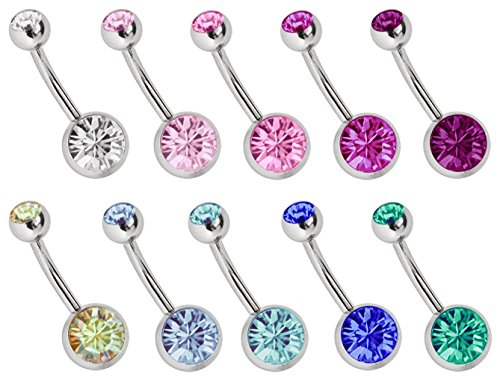 Bauchnabel Piercing SET Stahl, 10 x Banane in 1,6 x 12 mm mit 8 mm + 5 mm Steinkugel