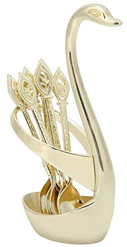6Pcs Gold Coffee Spoons, Tea Spoon Dessert Spoon Stainless Steel Cake Spoon with Swan Holder Flatware for Kitchen Restaurant