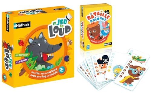 Nathan - 31129 - Le Jeu du Loup - Jeu de société coopératif dès 3 Ans & La Bataille des Animaux - Jeu de Cartes simplifié pour Enfant dès 3 Ans - 2 Joueurs