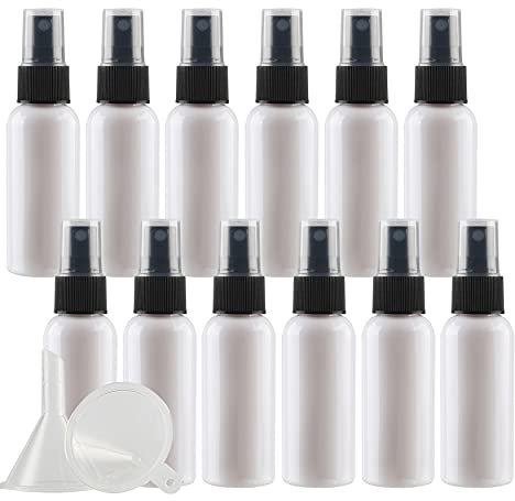 ZEOABSY 12 Piezas 50ml Botella de Spray Vacía Plástico Blanco Atomizador de Viaje Conjunto de Botellas, con Pulverizador de Niebla Fina Negro para Aromaterapiacon 2 Embudos