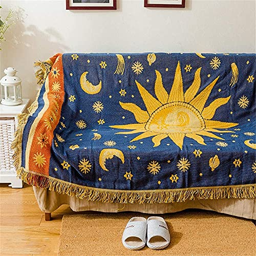 Sun Moon und Stars Colorful Boho Tagesdecke mit Fransen,Doppelseitig Baumwoll Gewebt Indianer Decke Bedspread Sofa Abdeckung für Zuhause,Büro,Reisen, Zelten (Sonne, 180 * 230cm)