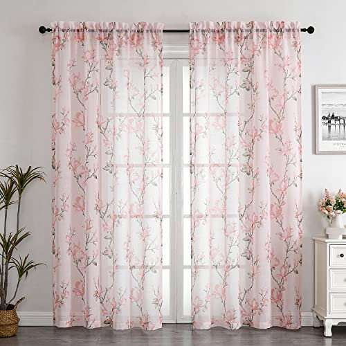 SMILE WEAVER Lot de 2 Rideaux Transparents Rose pâle de 160 cm de Long pour Salon, Rideaux Floraux filtrant la lumière, voilages texturés en Lin avec Passe-Tringle pour Chambre/Cuisine