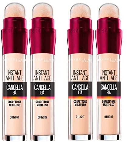 2x Maybelline New York Il Cancella Età Correttore Liquido Multiuso Colore 00 Ivory con Applicatore a Spugnetta + 2x Il Cancella Età Correttore Liquido Multiuso Colore 01 Light