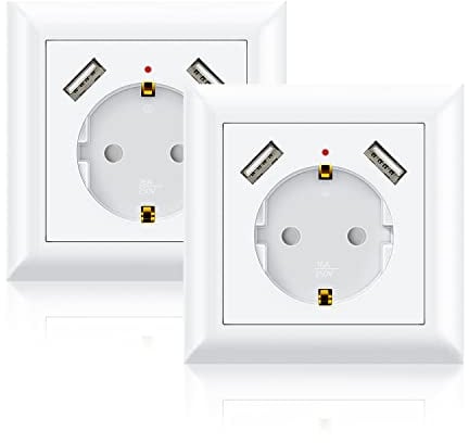 USB-Steckdosensystem 55 mm, [2 Stück] Schutzkontaktsteckdose mit 2 x USB-Ports 2,8A Unterputz-Schuko-Wandsteckdose, passt in Standard-Unterputzsteckdose, Laden von Smartphone, Tablet, Weiß