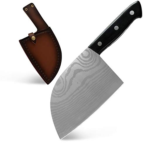 Cuchillo de cocina Damasco patrón de acero inoxidable cuchillo de carne tajado de tajado de carnicero cortadoras de cuchillo de verduras con funda (Color : Knife with Holster)
