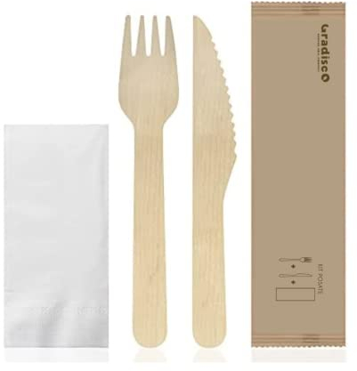 GRADISCO - 200 Bis posate in legno: Forchetta, coltello e tovagliolo imbustati. Posate usa e getta resistenti, ecologiche e biodegradabili. Posate lisce e sicure, adatte anche a bambini