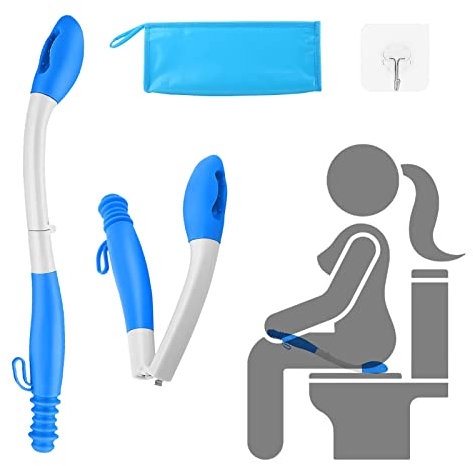 Foldable Butt Wiper, Jhua 15.7 Toilet Aids for Wiping, Comfort Silicone Bottom Buddy Wiping Aid with Hanging Ring, Hook, Carrying Bag, Toilet Aid Tools Bathroom Personal Care, Blue