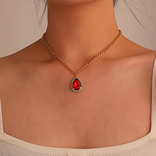 Wendalern Collier ras du cou en cristal en forme de larme Collier avec pendentif en diamant rouge Collier en strass doré Collier vintage avec clavicule Cz Bijoux pour femmes et filles