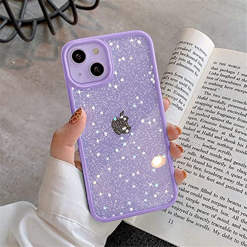 OWM iPhone 14 PLUS Case Clear Back Glitter Bling Star Sparkly Bumper Crystal Shockproof Silicone Slim Phone Cover Women Girls Case for iPhone 14 PLUS (Purple)
