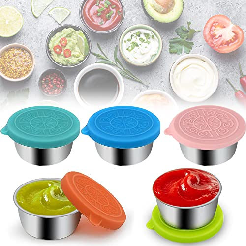 Snowtain 5 Stück 50ml Dressingbehälter Mini Dose mit Deckel,Soßenbehälter mit Deckel,Gewürzbehälter aus Edelstahl für Soßen,Dips und Gewürze,Salatdressing Behälter Mini Ketchup-Dose(mit Silikondeckel)
