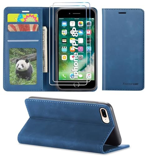 SLWYF Funda para iPhone 7 Plus/iPhone 8 Plus, con Protector de Pantalla, Soporte Plegable Tapa Flip de PU Ranuras Tarjetas Magnético Protección, Protección de Cuero Premium, Azul