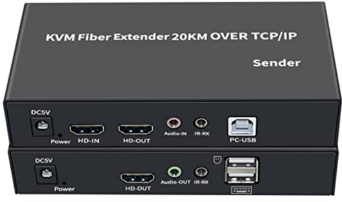 KVM Faser-Extender, 20 km, HDMI + USB Faser Extender Fernbedienung Tastatur und Maus, 3,5 mm Audio/IR Full HD 1080p / 6 Ohm, HDMI auf Singlemode-Faseroptikkabel