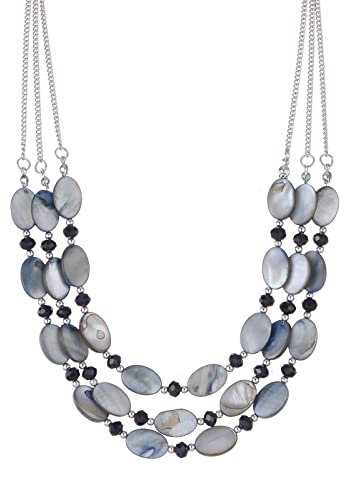 FULU AUTUMN Collier de Perles en Coquillage pour Femme Collier de Chaîne Argentée en Couches Bohème Bijoux de Mode pour Femme Cadeau pour Maman(Black)