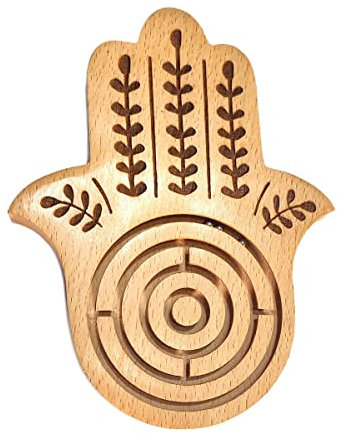 Labyrinth-Spiel Hand der Fatima, Holz mit Metallkugeln, Elegante Wohnzimmer Tischdekoration, Braunes Holz, Geschicklichkeitsspiel, 15 cm