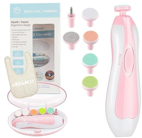 Lima de Uñas para Bebés, Cortauñas Eléctrica Niños Juego Manicura Dedos y Pies, 6 en 1 Cortador con Luz LED Mudo Operación, Cuidado del Bebé Recién Nacido + Babero Regalo (Rosa)