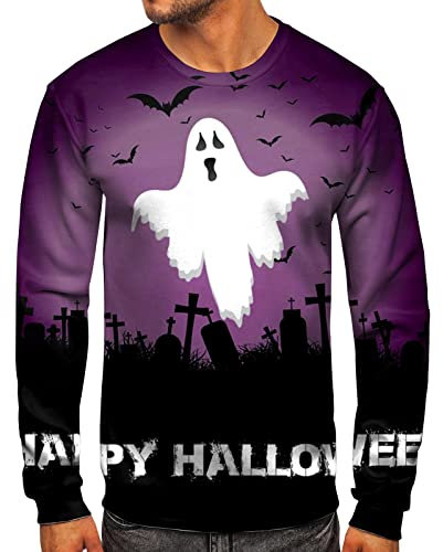 S Suit Uomo Casual Inverno Autunno Manica Lunga O Collo Halloween Stampato Pullover Felpa Top Camicetta Cardigan Uomo, Viola, XXL