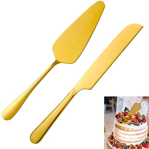 Ensemble de Couteaux et de Couverts à gâteau de Mariage, Ensemble de découpe de gâteau de Mariage en Acier Inoxydable plaqué Or Comprenant des emporte-pièces et Une Pelle à gâteau(Or)