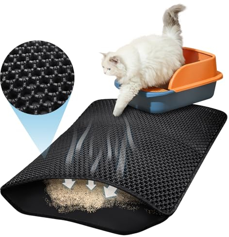 Katzenklo Matte, 60x45 CM Katzenstreu Matte, Doppelte Schichte Non-Slip Wasserdichte Entwurf Katzenmatte Katzenklo, Bienenwabe Matte Katzentoilette, Cat Litter Mat Streu Kontrolle Schwarz