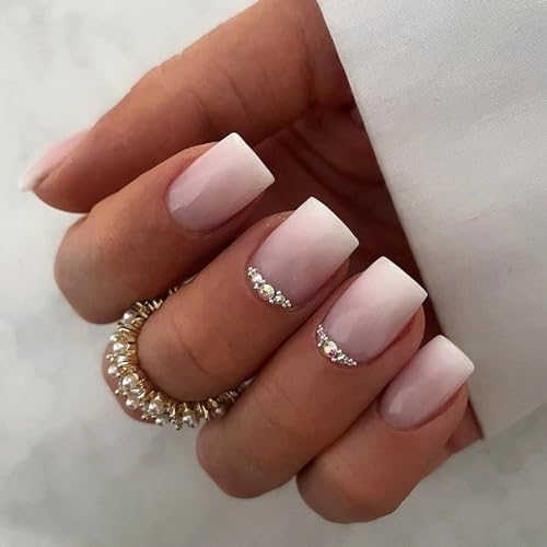Ceboic 24 Stück Nägel Zum Aufkleben Kurze Eckig Rosa Weiß Farbverlauf French Kunstnägel Press on Nails Acryl Künstliche Nägel mit Strass Square Fingernägel Fake Nails für Frauen und Mädchen
