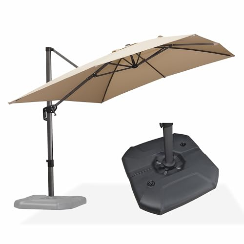PURPLE LEAF Sonnenschirm mit Schirmständer, Aluminium Ampelschirm 270 x 350 cm, 360°Rotation, Terrassenschirm mit Kurbel, UV-beständig, Gartenschirm für Balkon & Terrasse, Beige