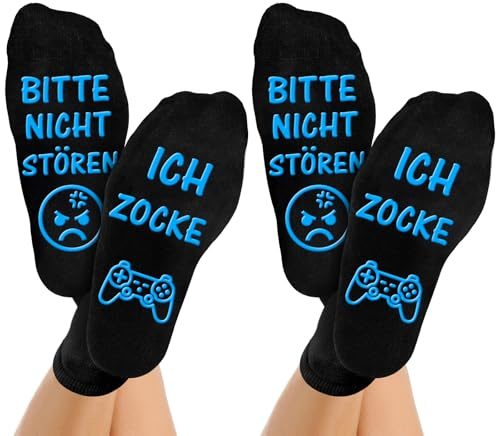 Gemtte Gaming Socken Geschenke für Gamer, 2 Paar Lustige Socken mit Spruch bitte nicht stören ich zocke