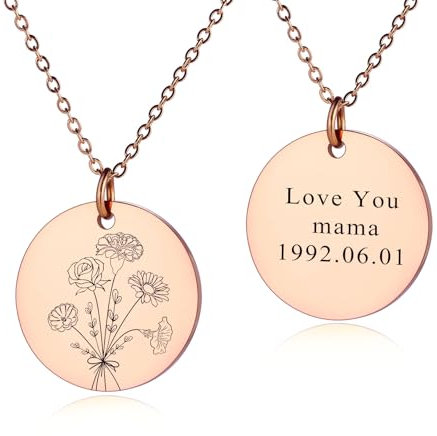 INBLUE Personalized Engraved Birth Flower Disc Necklace for Women Customized Text Stainless Steel Round Pendant Combined Birth Flower Bouquet Necklace Fashion Dainty Jewelry Gift for Birthday - C2