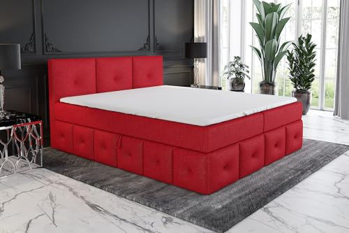 A&J MöbelLand Boxspringbett 160x200 mit Bettkasten und Lattenrost – Bolli, Bett mit Matratze und Stauraum in ROT 13