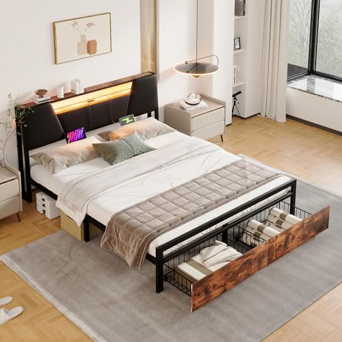 Rtopsu Doppelbett Metallbett 160x200 cm mit LED&USB-Anschluss, Bett mit 2 Stauraum Schubladen und Kopfteil, Bettgestell mit Metallrahmen und Lattenrost aus Metall, Schwarz & Braun, Ohne Matratze