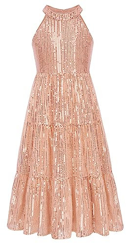 GRACE KARIN Mädchen Ärmellos Pailletten Prinzessin Kleid Festliche Hochzeit Neckholder Kleid Roségold 12 Jahre