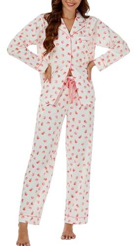 LUBOT Pyjama Femme 100% Coton Hiver Tissé - Ensemble 2 Pièces Manches Longues et Courtes Boutonnage, Anti-Froissé & Respirant, pour Nuit et Détente, S - XXL