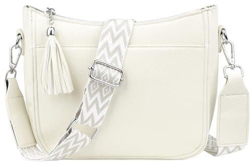 TaoQ C Umhängetasche Damen Leder Handtasche Mittelgroß Crossbody Bag Mit Breitem Schultergurt für Damen, Beige