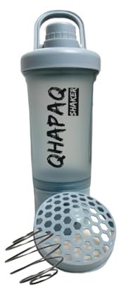 QHAPAQ Blender Bottle Protein Shaker 500ml – Vaso Coctelera shaker con bola batidora, compartimiento para polvos, sin BPA, tapa rosca, sin fugas, ideal para gym, fitness y camping. (Azul)