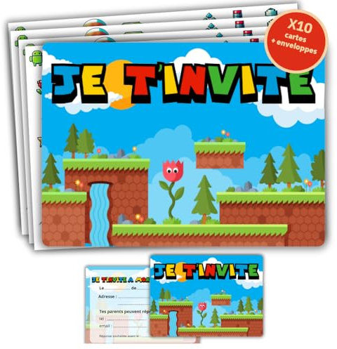 roxisha - Set mit 10 Einladungskarten zum Geburtstag, Motiv Super Mario + Umschläge – Jungen und Teenager – Postkarte 10,4 x 14,8 cm – vorgefüllt auf Französisch – ideal für Party und Geburtstagsfeier