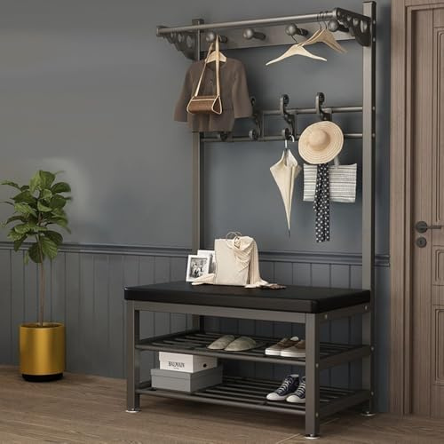 angroups Garderobe mit Sitzbank, Garderobenständer Metall mit Sitzbank, Multifunktionale Flurgarderobe, Schuhregal mit Sitzfläche, Kleiderständer mit 4 Haken für Flur Schlafzimmer, Schwarz