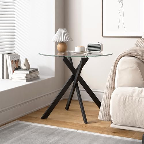 GOLDFAN Glass Side Table High Gloss Round End Table with Tempered Glass Top and Metal Tubular Legs, Modern Style Living Room End Table for Small Space, Office