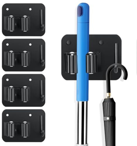 Cozyoon 4-Pack Single Mop Holder with A Sturdy Hook. Non-Slip Broom Dustpan Rack, Wall Mount Stainless Steel Storage Hanger with Screws for Garage Bathroom Garden Kitchen, Matte Black.