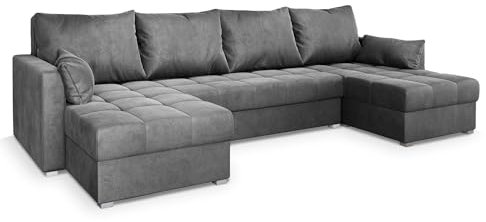 Masseno Ecksofa NAKO M mit Schlaffunktion U-Form, Sofa mit Bettkasten, Wohnzimmersofa, Couch, Soffa, Bettsofa, Couchgarnitur- Grau, Monolith 85