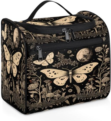 Mexpekil Trousse de toilette vintage gothique à suspendre avec motif floral lune papillon pour homme et femme Grande trousse de maquillage étanche pour voyage, multicolore, 10.2 x 6.5 x 9.2 inches,