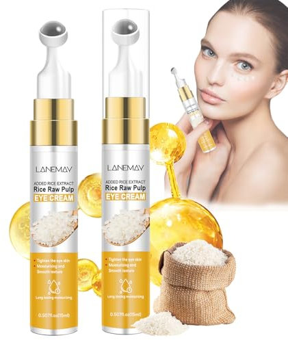 Rice Raw Pulp Augencreme, Revive Augenserum für Schwellungen und Tränensäcke unter den Augen, Anti-Aging, feuchtigkeitsspendende Augencreme mit 360°-Massageball, verbessert Mattheit, reduziert Falten,