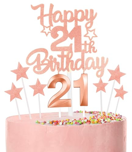 Rose Gold Happy 21st Birthday Candles Cake Topper Set,Rose Gold Number 21 Birthday Candles with 21st Birthday Cake Toppers Star Cupcake Toppers for Girl Women Birthday Anniversary Decor