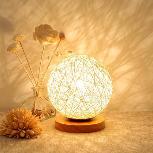AoLa Holz Tischleuchte mit Touch Dimmbar Tischlampe Kugel Akku Kabellos Nachtlicht LED Boho Handgewebt Kugel Rattan Schreibtischlampe USB Aufladbar Nachttischlampe Kinderzimmer Deko Lampe