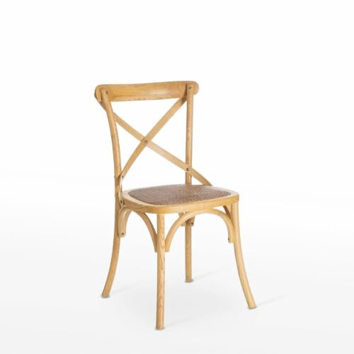 Silla de comedor Aspas de madera de olmo natural y asiento de ratán | Respaldo cruzado. Diseño icónico retro. Asiento de ratán trenzado en tono natural. Patas con topes antiarañazos. No apilable.