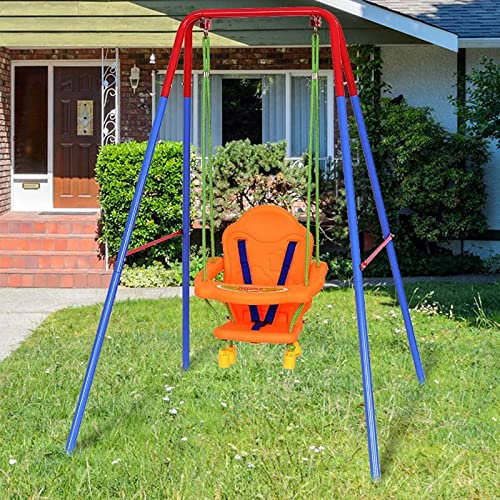3-en-1 Balançoire Bébé avec Portique et Siège, Accoudoir et Ceinture Sécurité, Portique Siège de Balançoire,Balançoires pour Enfants avec Dossier, Facile à Assembler