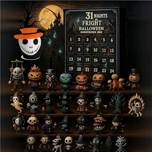 2025 Halloween Adventskalender Horror Figuren - 31 Stück Halloween Figuren Countdown Kalender mit Gratis Neuestem Bonbontasche, Gothic Desktop-Ornamente für Familie, Kinder & Erwachsene