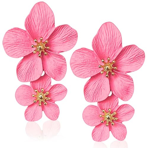 1 Paio di Orecchini a Doppio Fiore 3D Pendenti, Bohemien Eleganti Orecchini Fiore Petalo, Orecchino Fiori Rosa per Compleanno Gioielli Regali