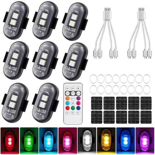 Vautvis 8 Stück Kabellose Led Lichter Auto, 8 Farben Ambientebeleuchtung Auto Led Licht Blitzer USB-Aufladung, Wasserdicht IP65, LED Flugzeug Blitzlicht für Drohne