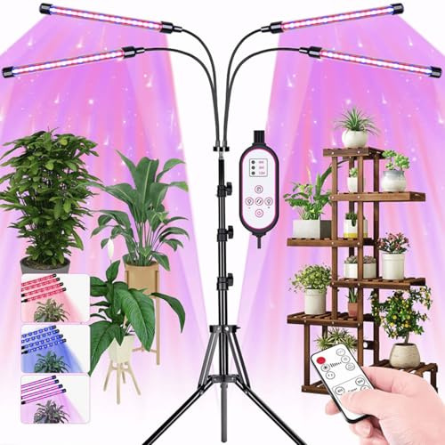 Viferr Lampe Horticole LED Avec Support, Lampe Horticole sur Pied à 4 Tubes, Filaire et Télécommandée, 80 LED, 10 Niveaux de Luminosité pour Plantes D'Intérieur (Version Avec Prise USB)